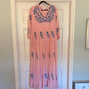 J. Marie Pink Maxi Dress with Blue Embroidery